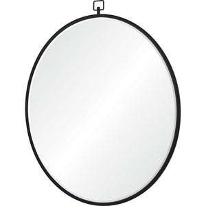Rayden Wall Mirror in a round design, black metal frame, showcasing a smooth reflective surface.