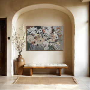 Paine canvas art featuring a floral arrangement in soft colors, framed and displayed in a cozy interior.