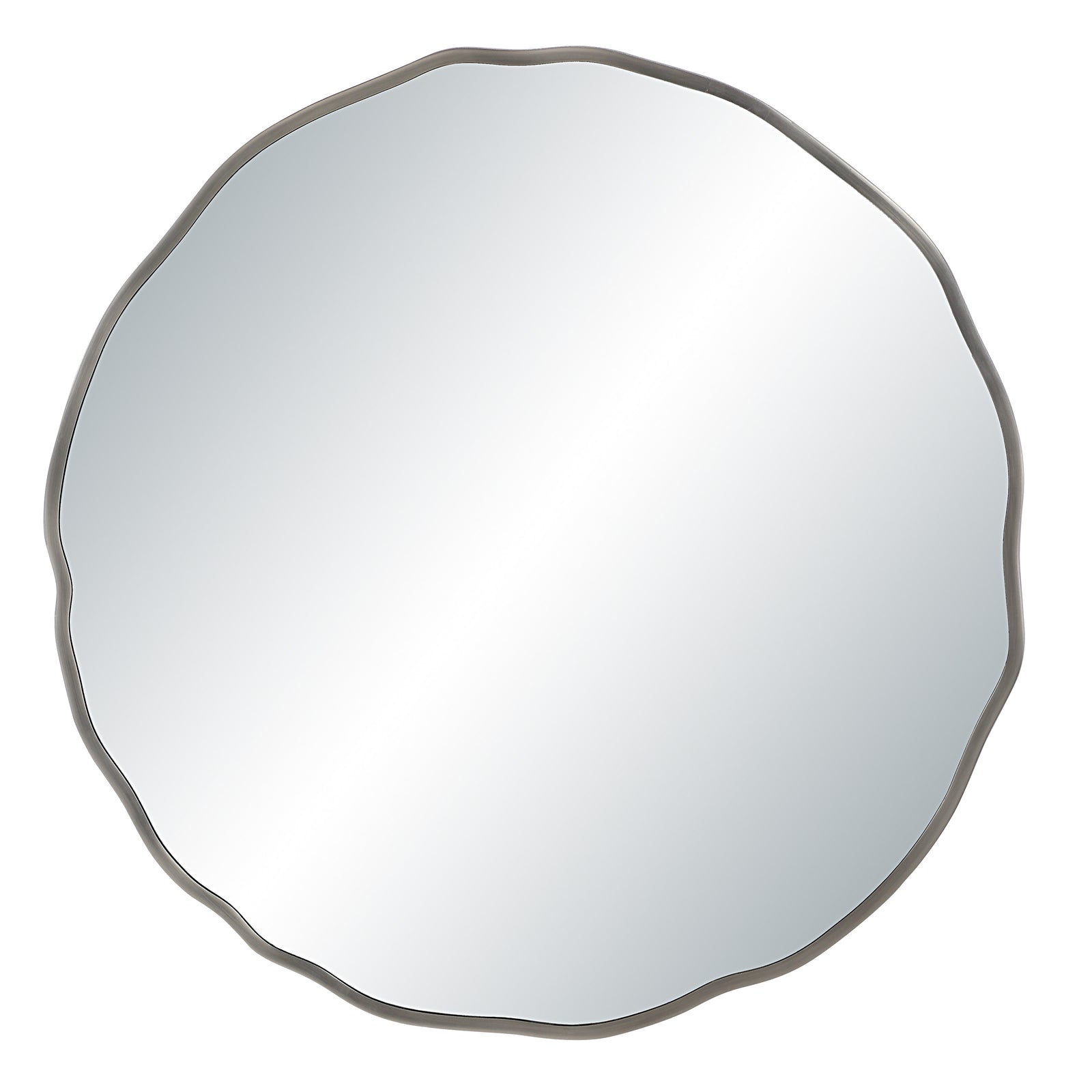 Cerro mirror by Renwil, round shape with a wavy silver frame, reflecting light.