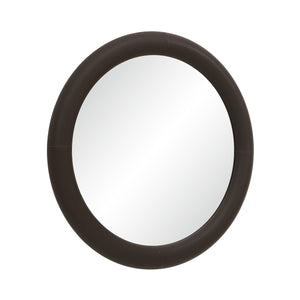 Potro mirror featuring a circular brown leather frame and clear mirror.