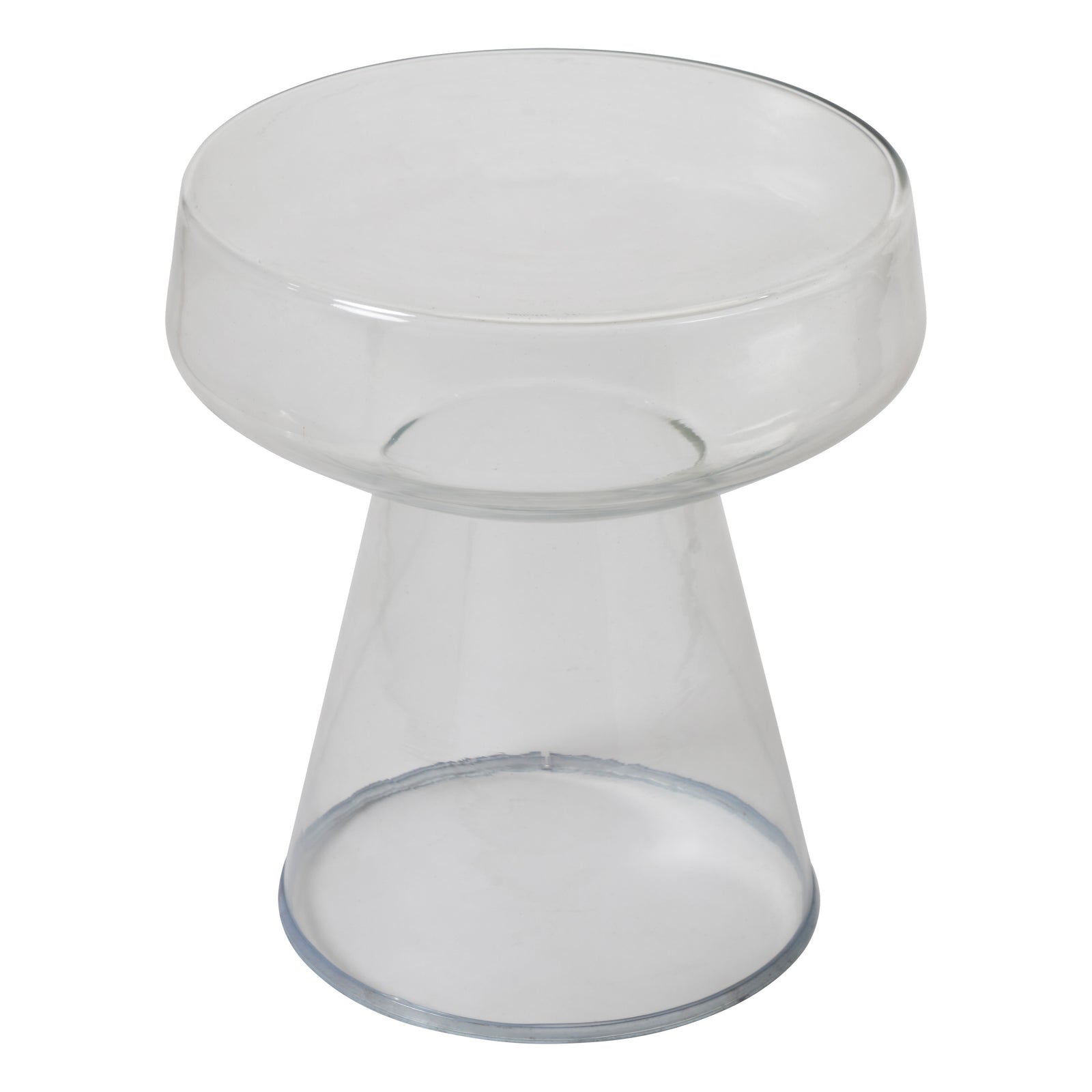Lavanda table with a clear glass top and conical base, showcasing a modern design.