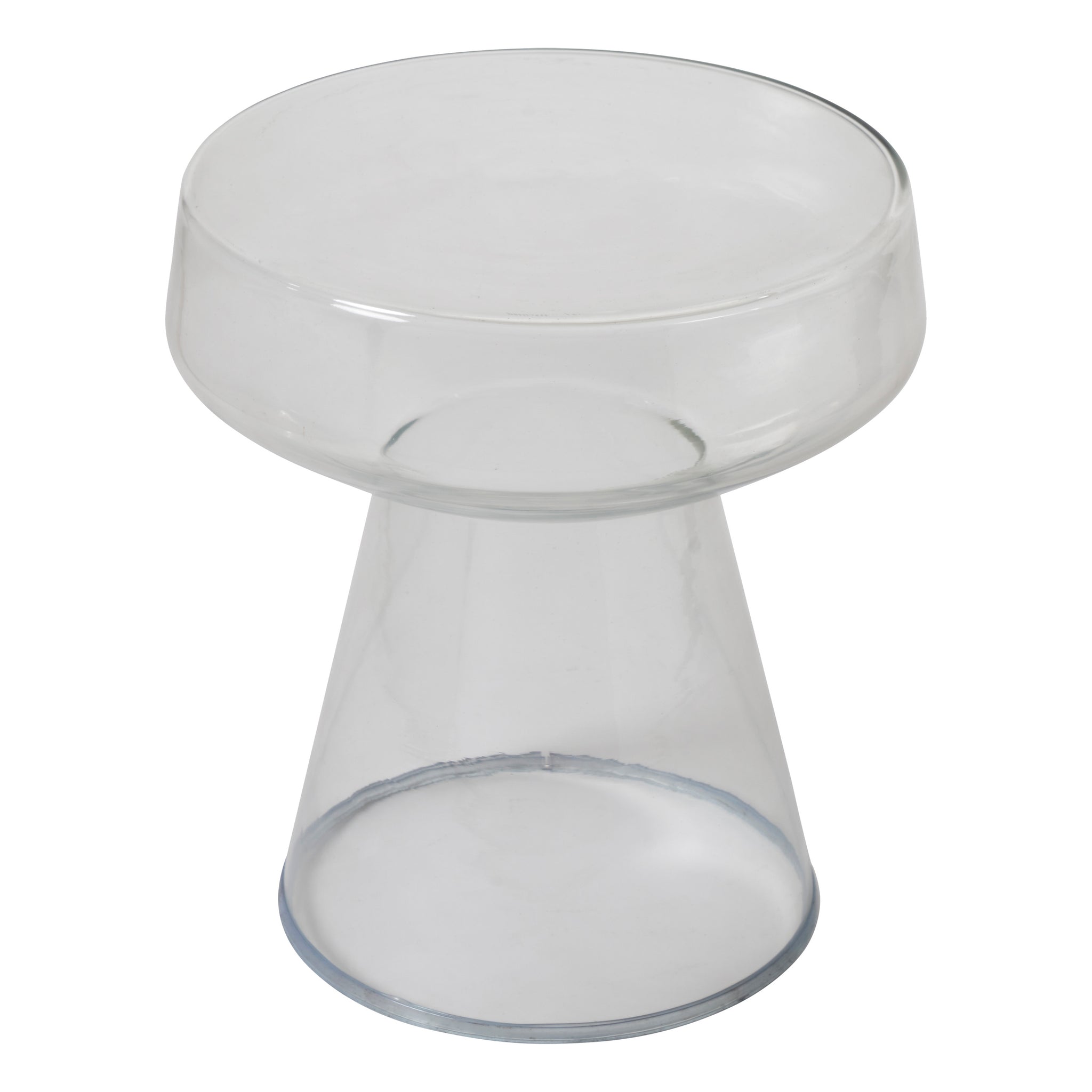 Lavanda table featuring a transparent glass top and conical base, emphasizing minimalist style.