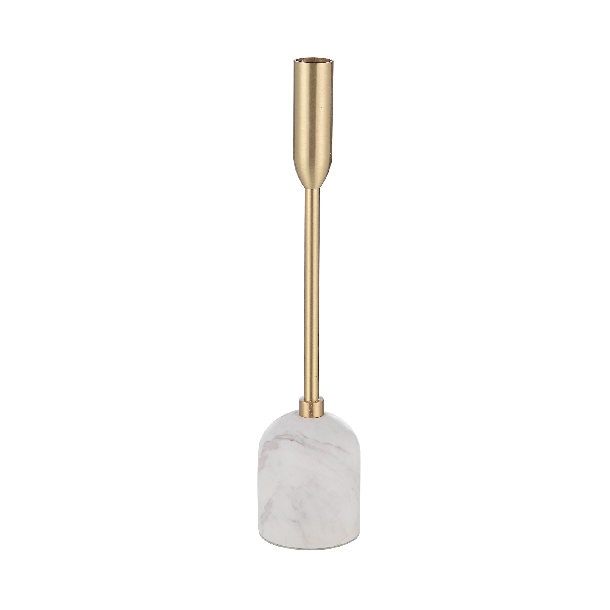 Another view of a Marchesa tapered candle holder showcasing its marble base and gold metal stem