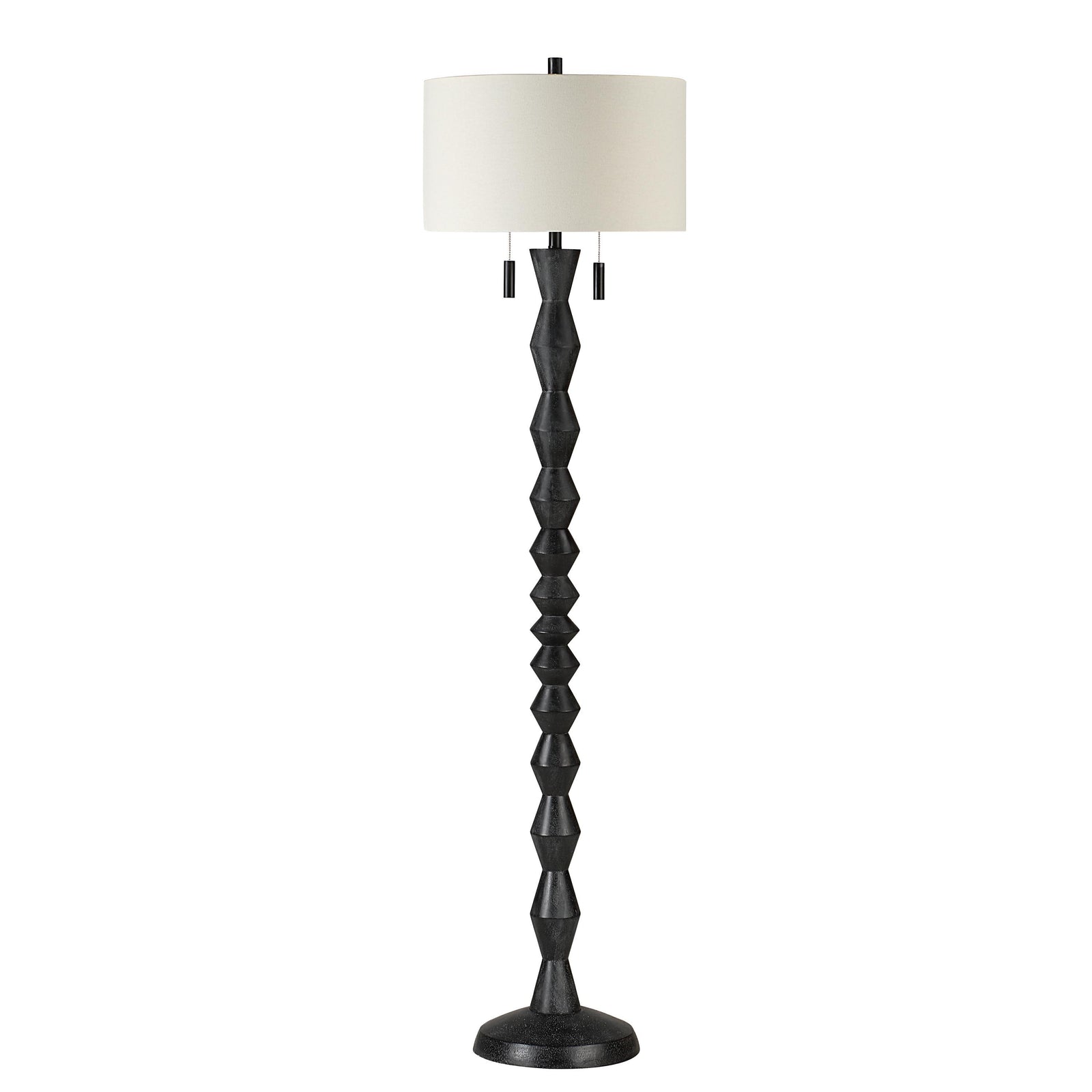 Phyllis floor lamp with a black geometric base and a cream fabric shade