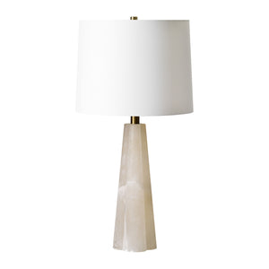 Rima Table Lamp showcasing a white fabric shade and a tapered beige stone base.