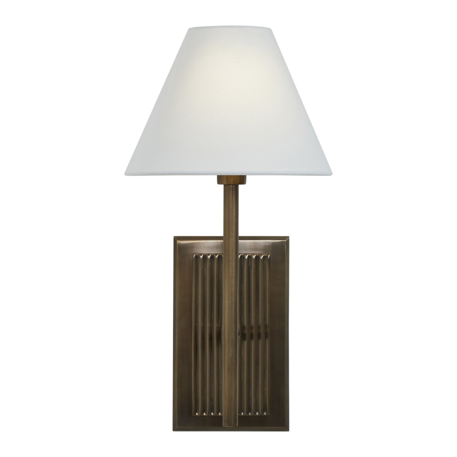 Solaria wall sconce with a white fabric shade and bronze finish, featuring vertical ribbed design.
