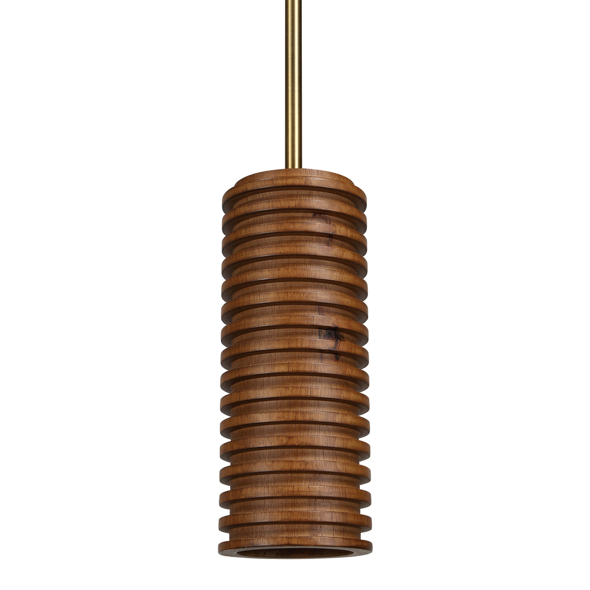 Rue pendant light by Renwil, wooden design with ridged texture and brass accents
