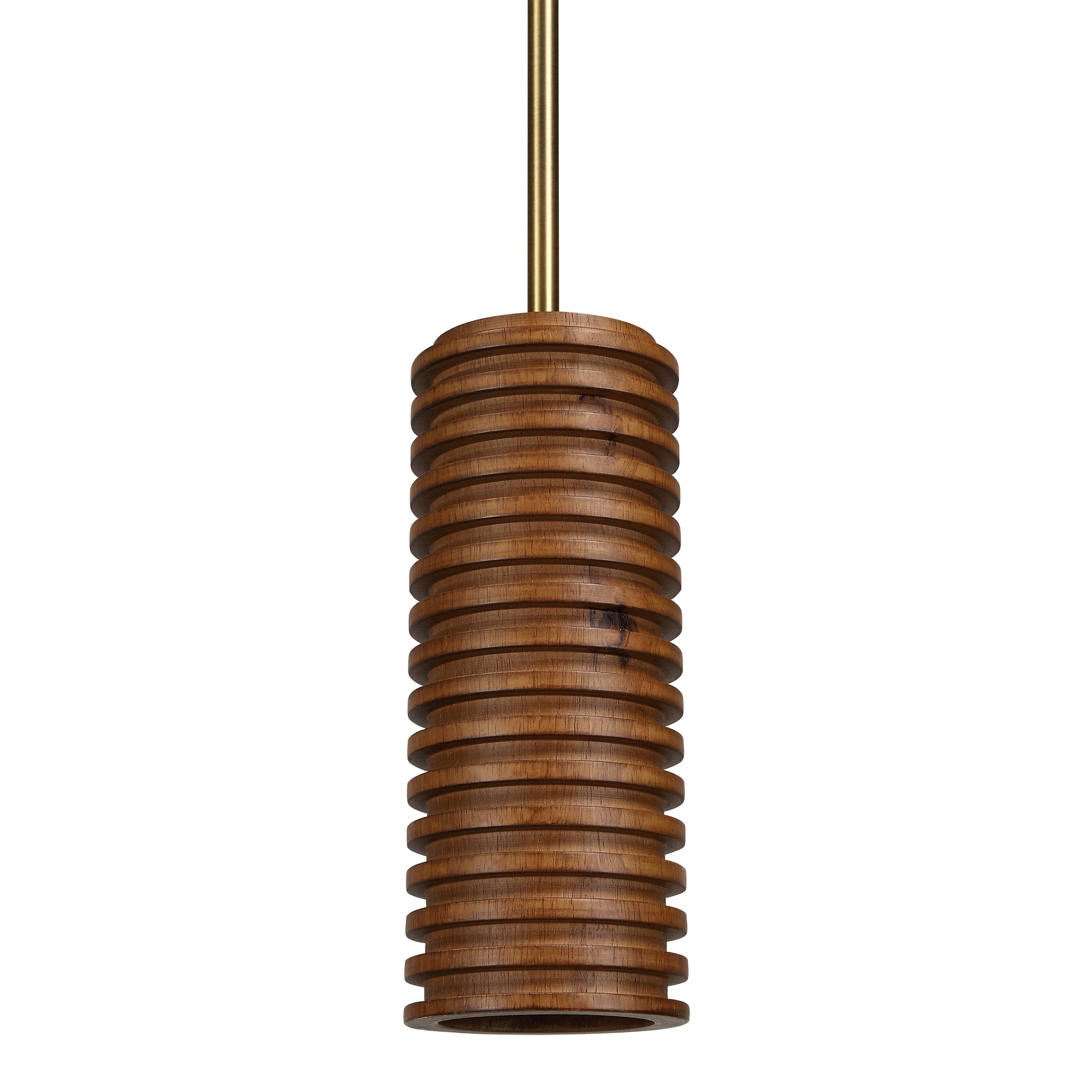Rue pendant light by Renwil, wooden design with ridged texture and brass accents
