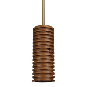 Rue pendant light by Renwil, wooden design with ridged texture and brass accents