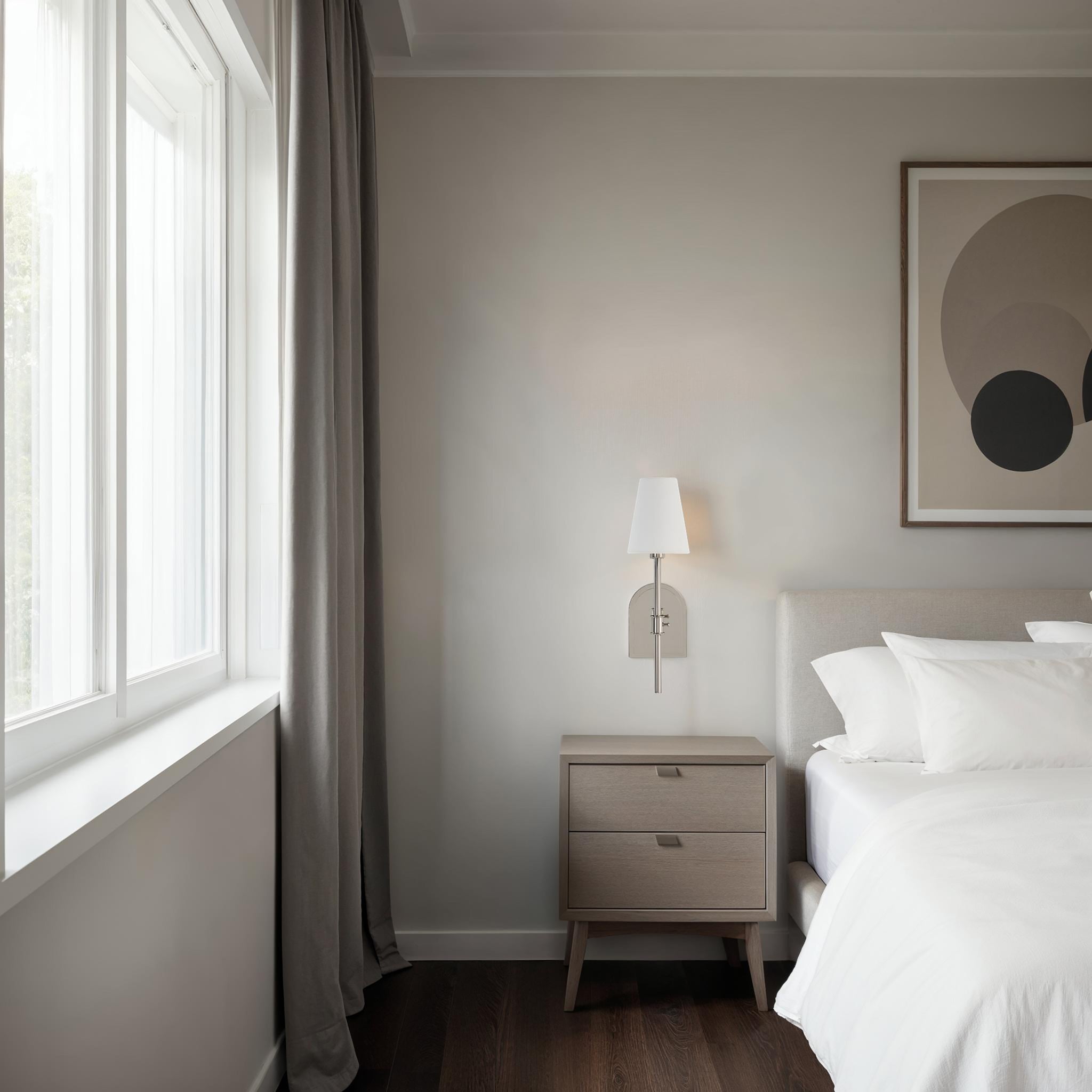 Nowra wall sconce installed in a modern bedroom beside a nightstand.