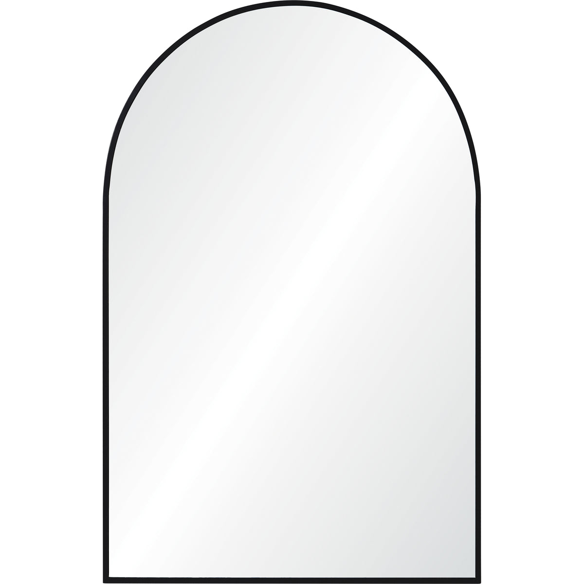 Waren Wall Mirror with a black frame, arched top, reflecting light.
