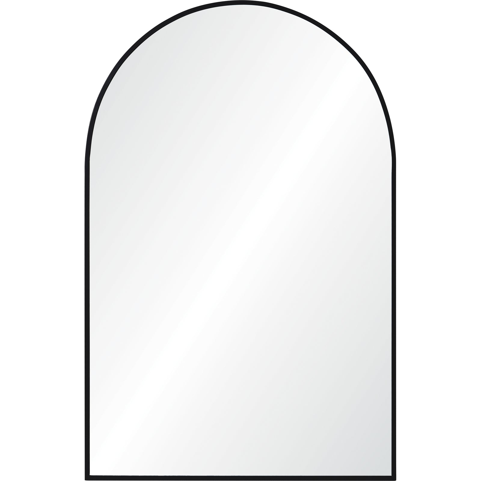 Waren Wall Mirror with a black frame, arched top, reflecting light.