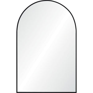 Waren Wall Mirror with a black frame, arched top, reflecting light.