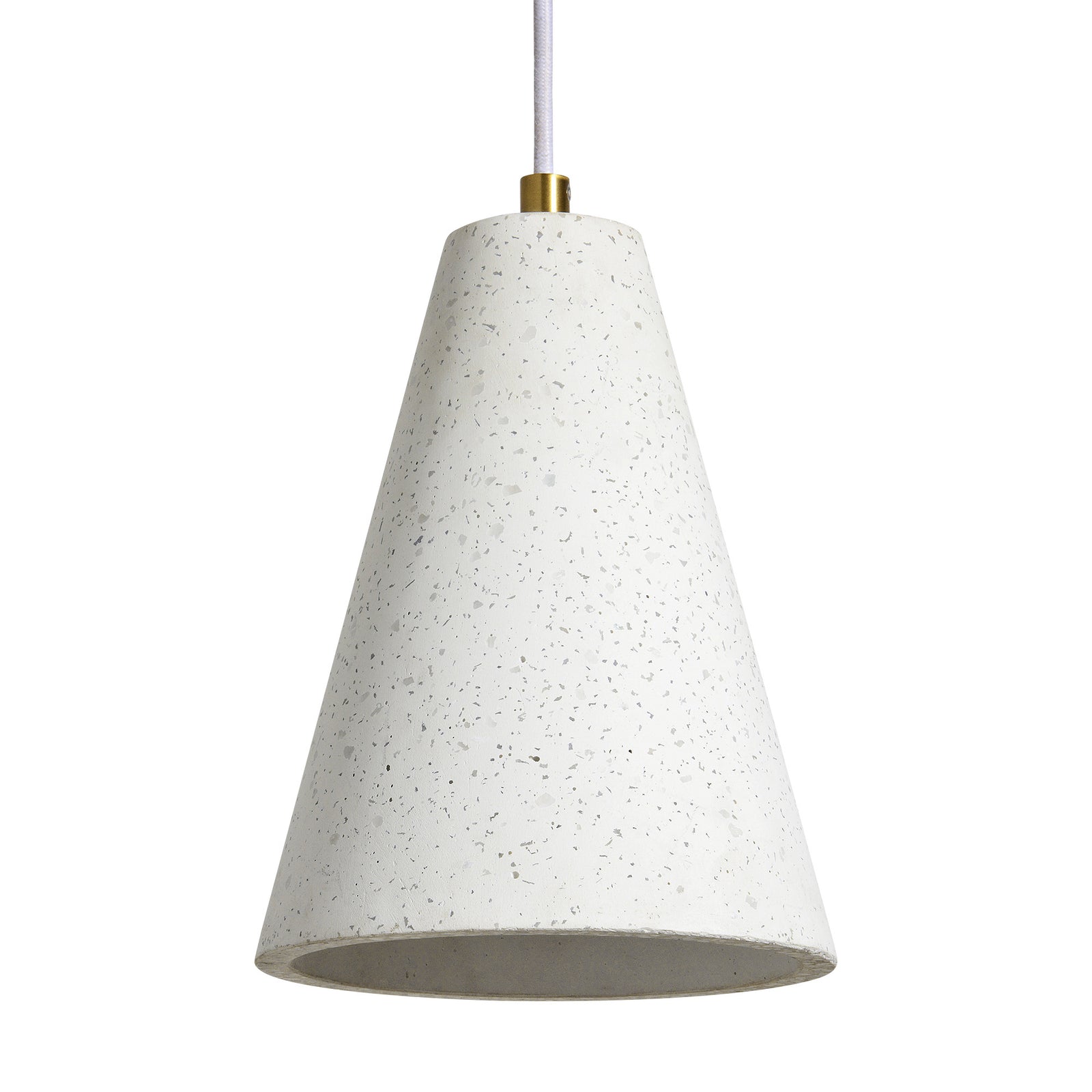 Paula ceiling light fixture in white concrete with speckled texture, cone shape, hanging view.