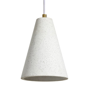 Paula ceiling light fixture in white concrete with speckled texture, cone shape, hanging view.