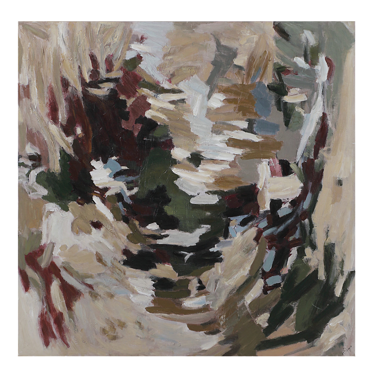 Ardesia canvas art featuring abstract brush strokes in earthy tones of green, brown, and cream.