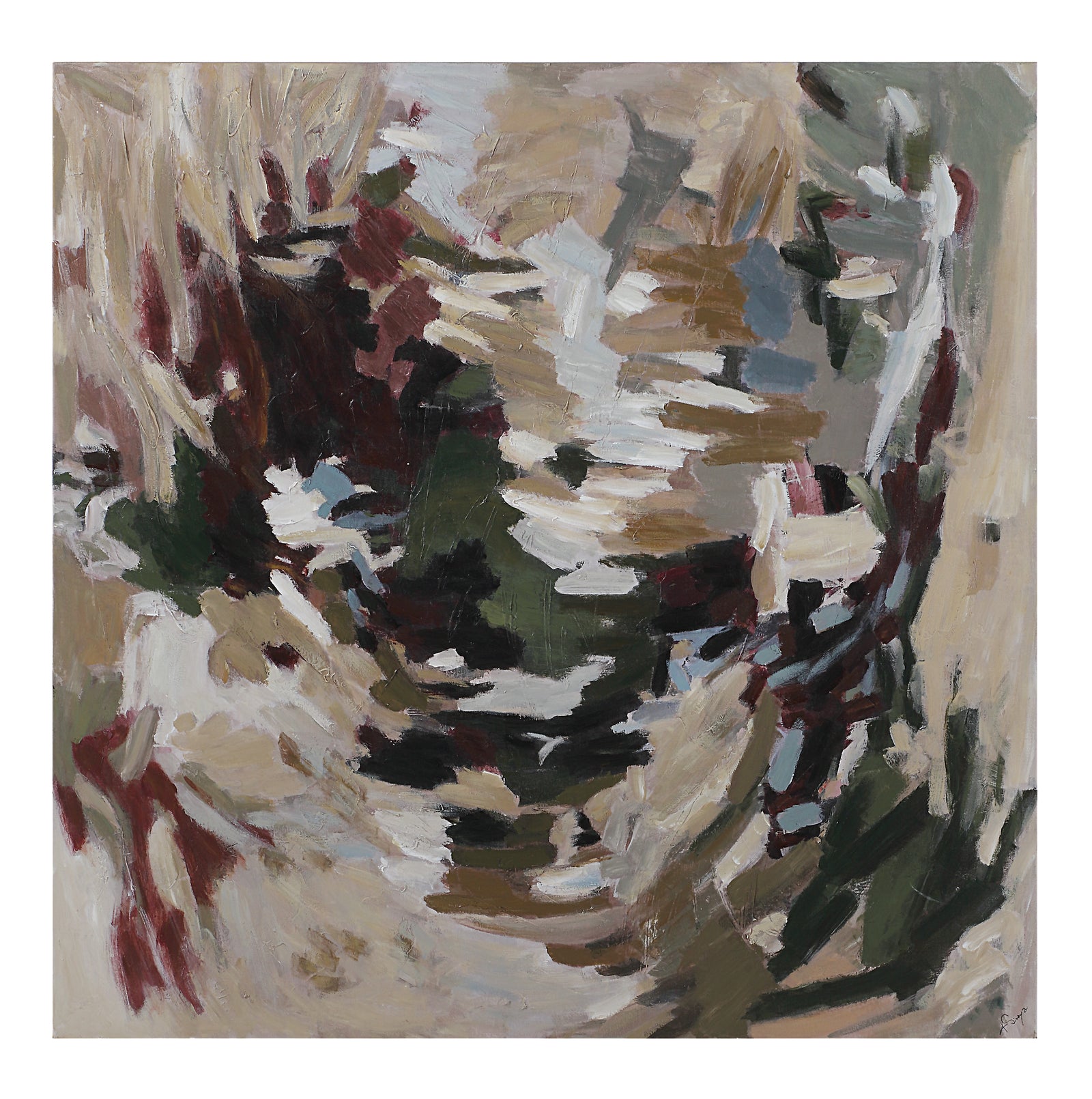 Ardesia canvas art featuring abstract brush strokes in earthy tones of green, brown, and cream.