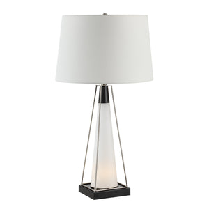 Navagio Table Lamp with a lit base, featuring a white shade and a contemporary black and white design.