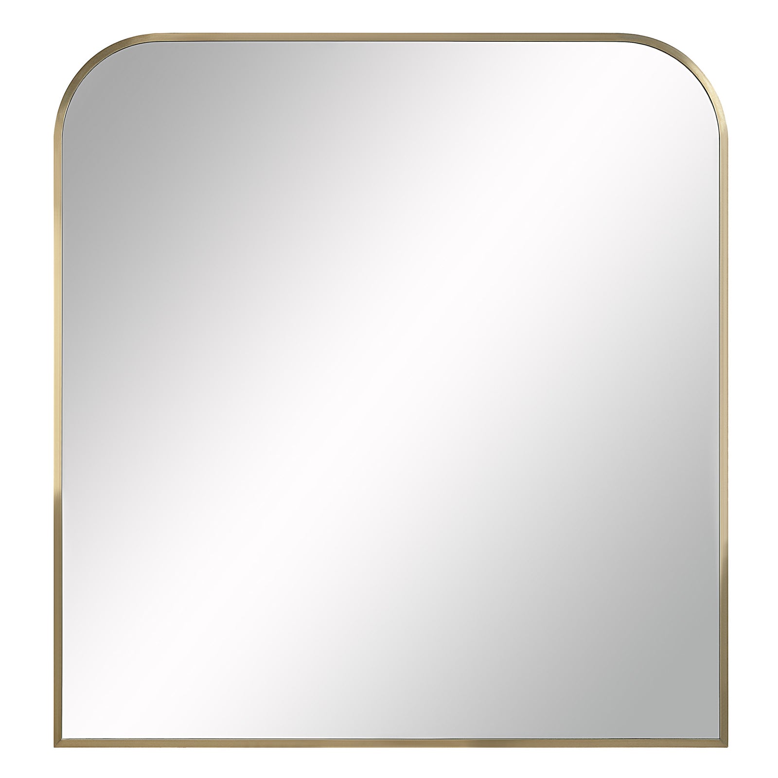 Joan Wall Mirror with rounded top, gold metal frame, and reflective surface.