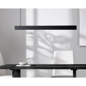 Taya Ceiling Fixture by Renwil, black wood linear light above a dining table