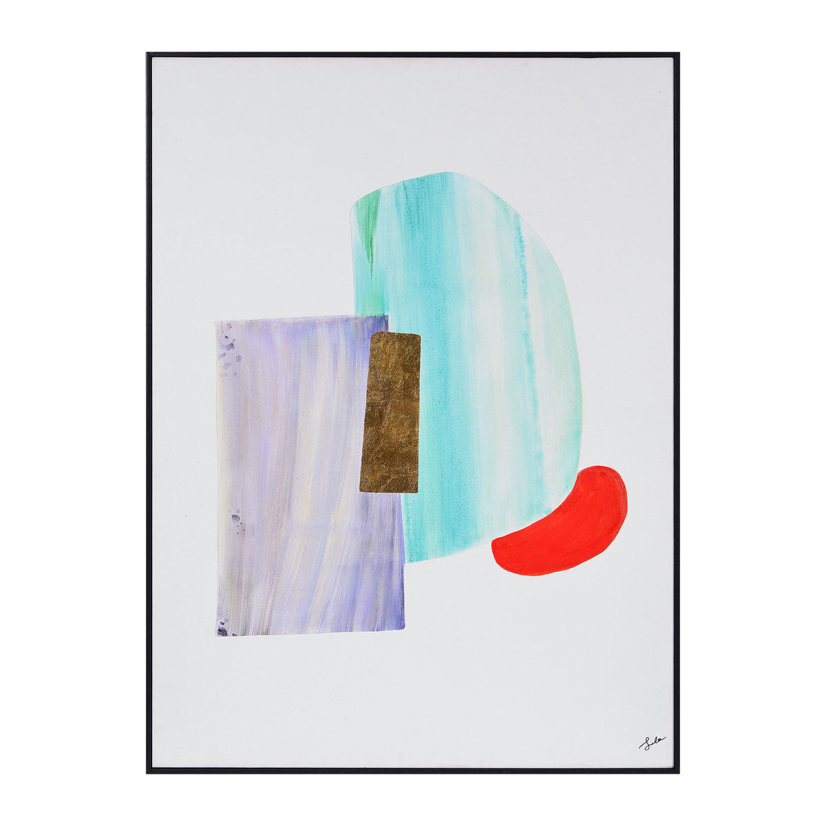 Esmerelda canvas art featuring abstract shapes in teal, purple, gold, and red.