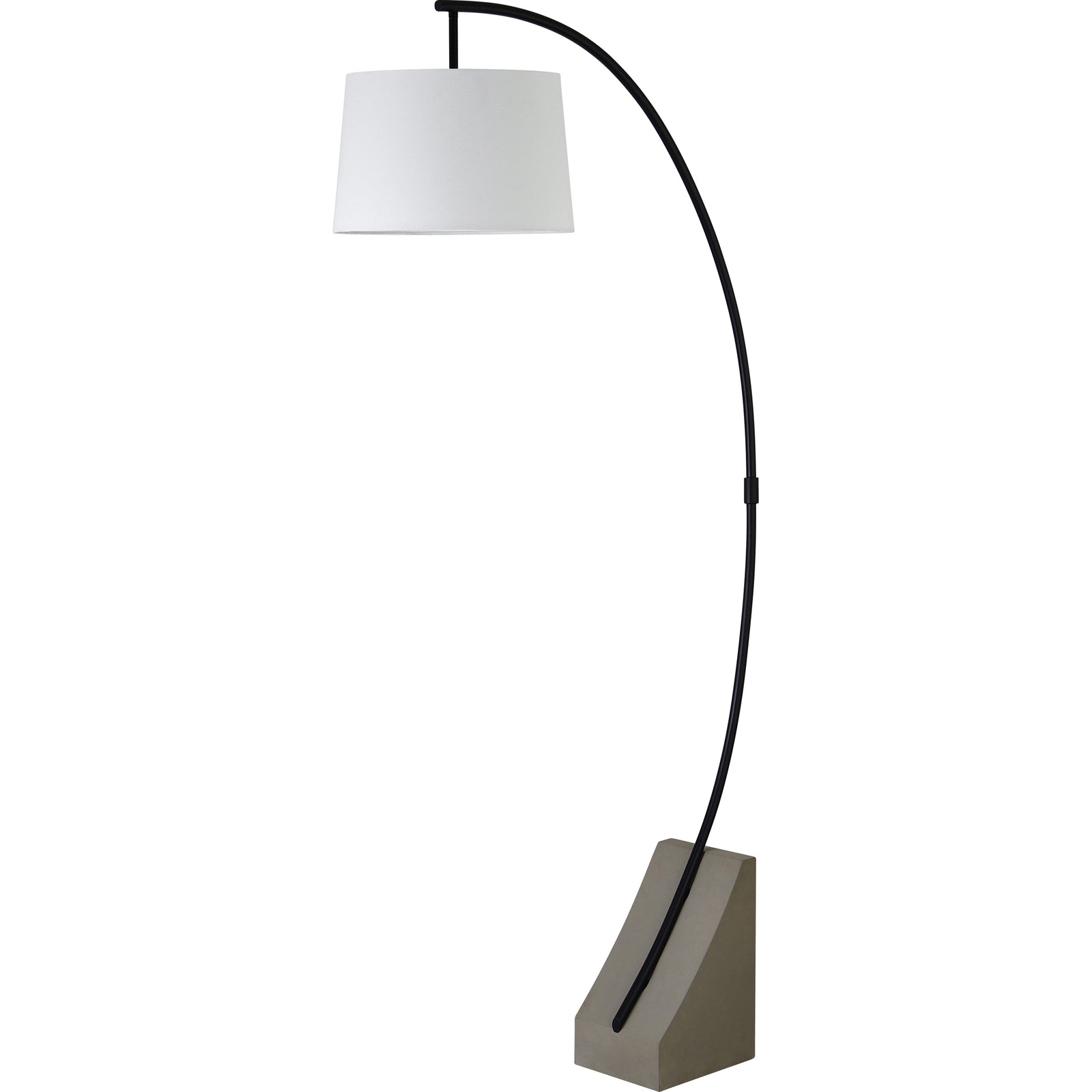 Weymouth Floor Lamp with a white shade and black curved arm on a concrete base