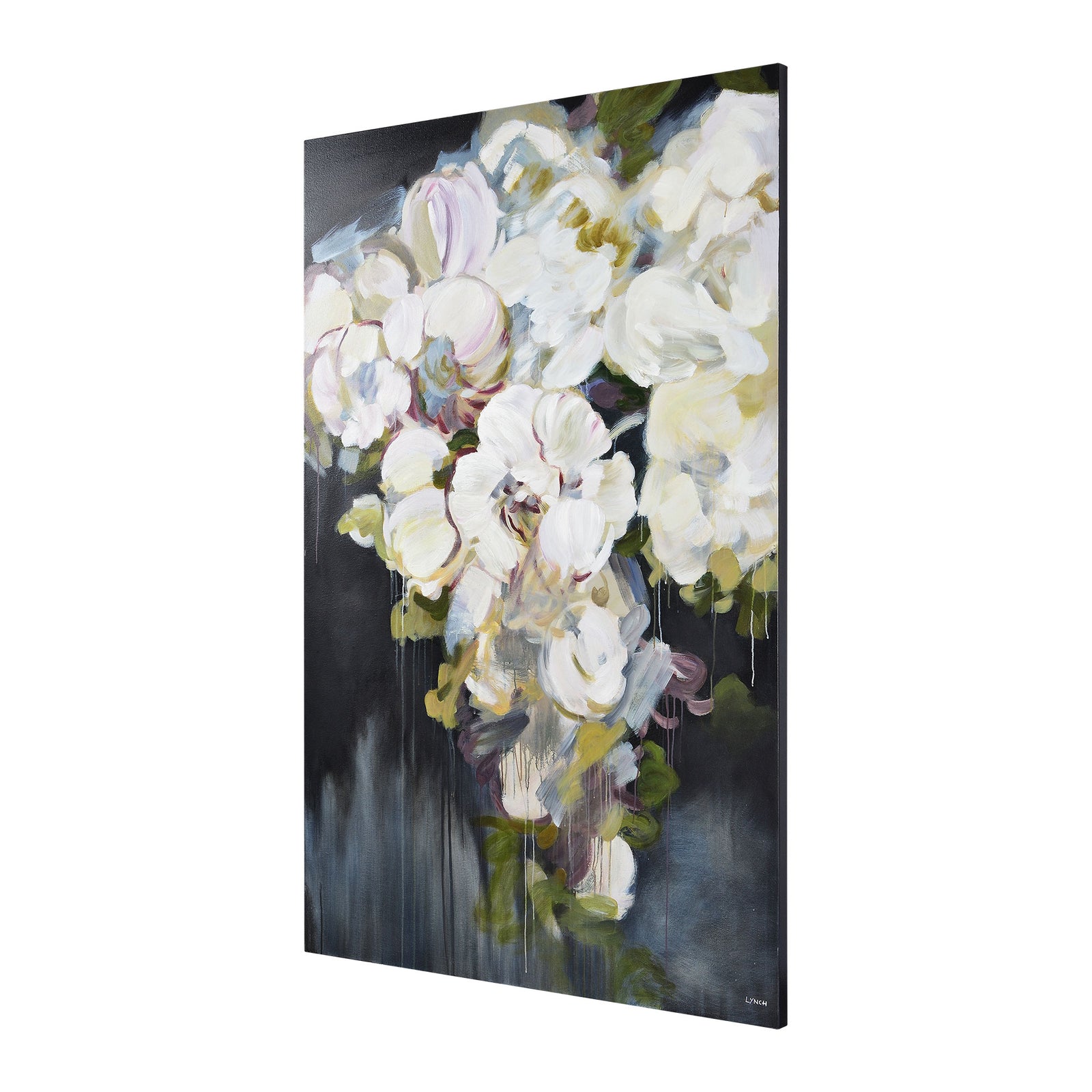 Gables canvas art featuring large white flowers on a dark background with paint drips.
