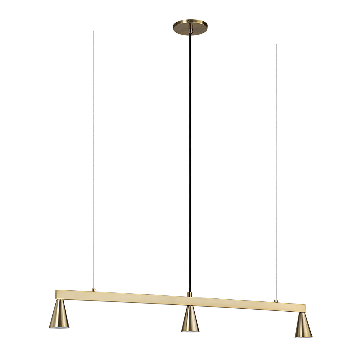 Linea Ceiling Fixture in gold with three cone-shaped lights and black suspension wires