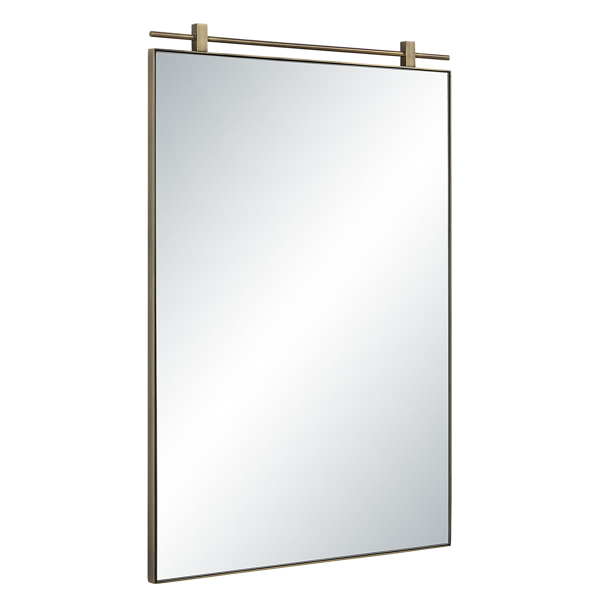 Neem mirror by Renwil, angled view showcasing a rectangular shape and gold accent bar.