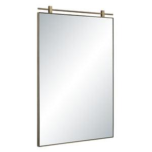 Neem mirror by Renwil, angled view showcasing a rectangular shape and gold accent bar.