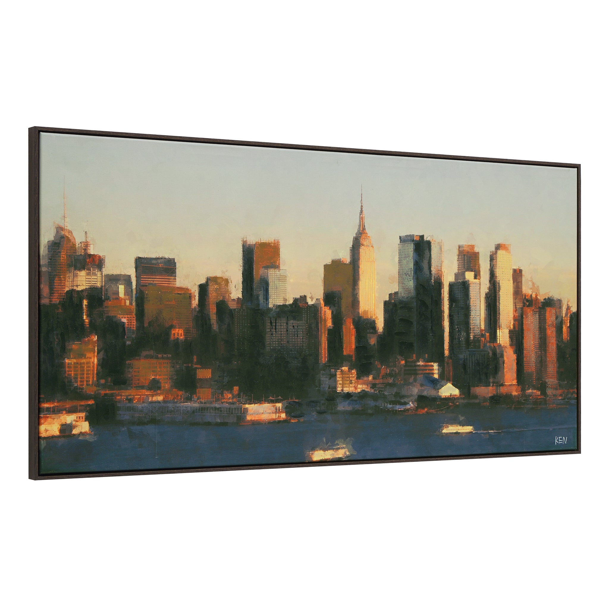 Panorama canvas art depicting a city skyline with the Empire State Building at sunset.