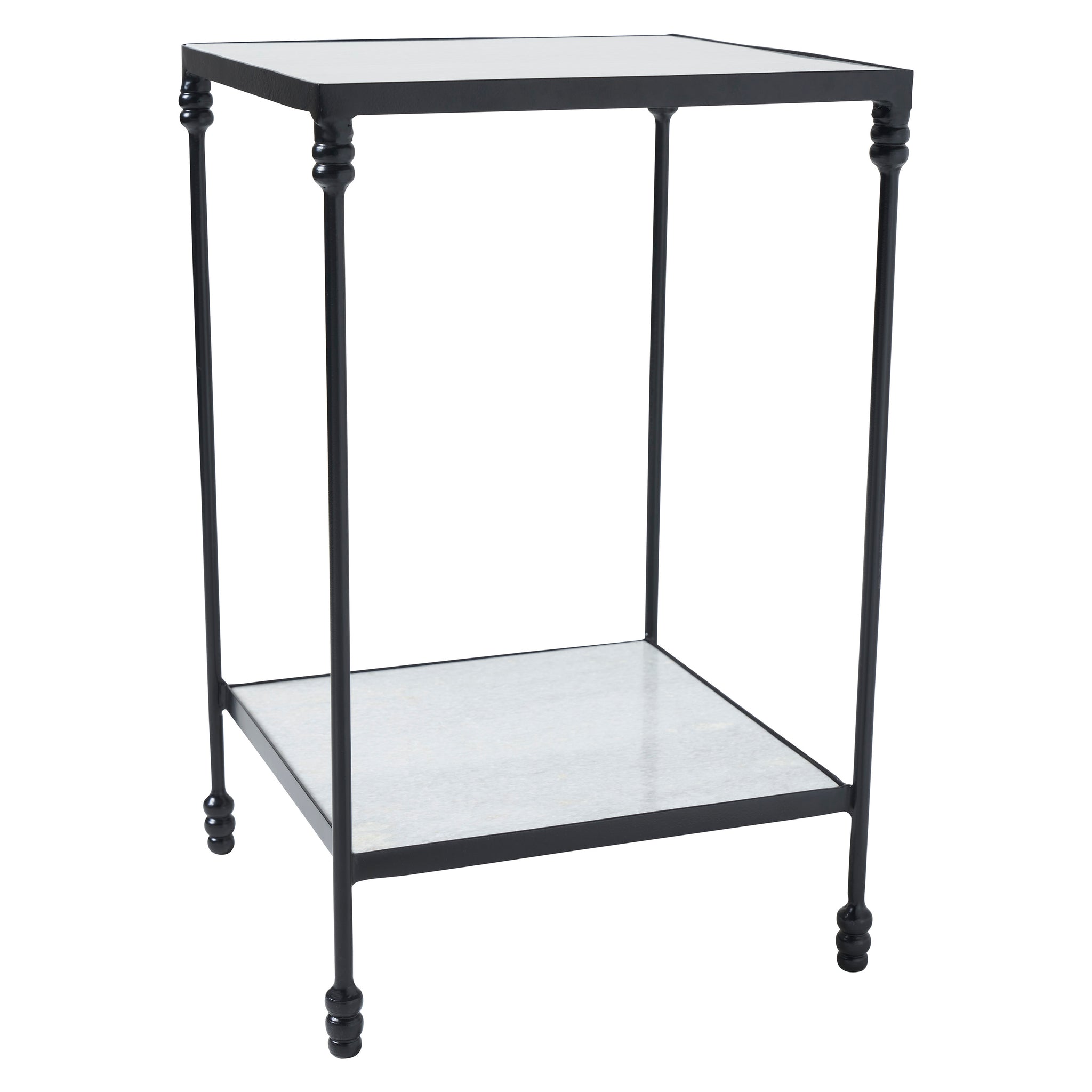 Giulia table with a black metal frame and gray stone top, angled view highlighting its design.