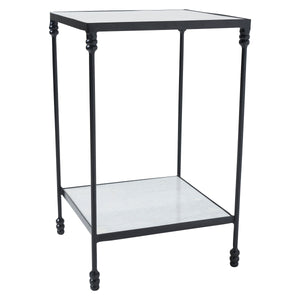 Giulia table with a black metal frame and gray stone top, angled view highlighting its design.