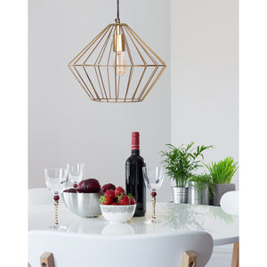 Empire Ceiling Fixture above a dining table set with wine, glasses, and fruit, featuring a gold geometric design.