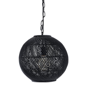 Romika ceiling light fixture in black, round woven design with visible light bulb.