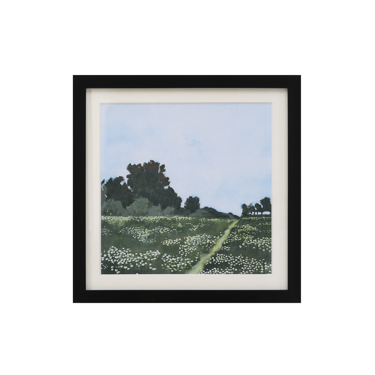 Olmo Canvas Art featuring a landscape with trees and flowers, framed in black.