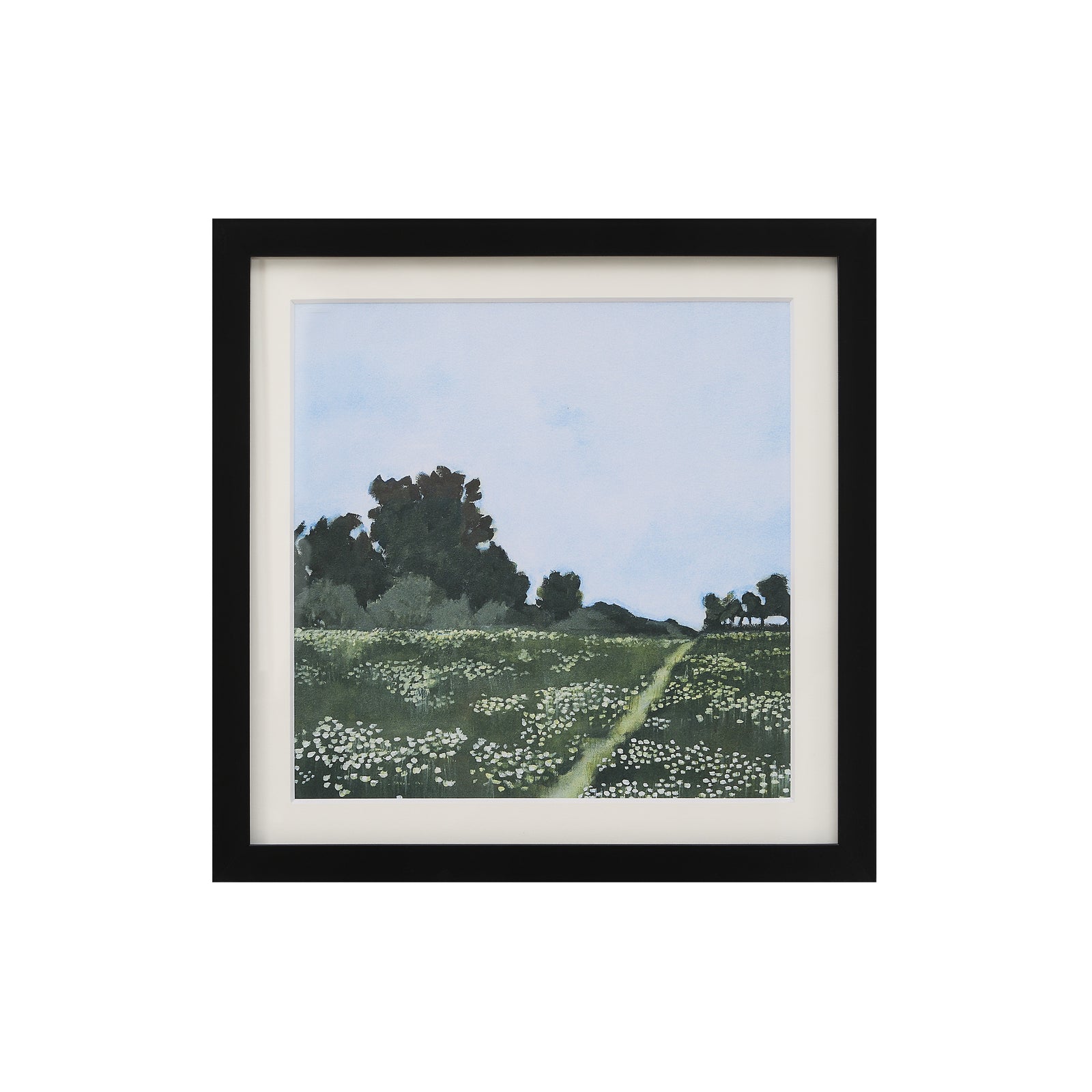 Olmo Canvas Art featuring a landscape with trees and flowers, framed in black.