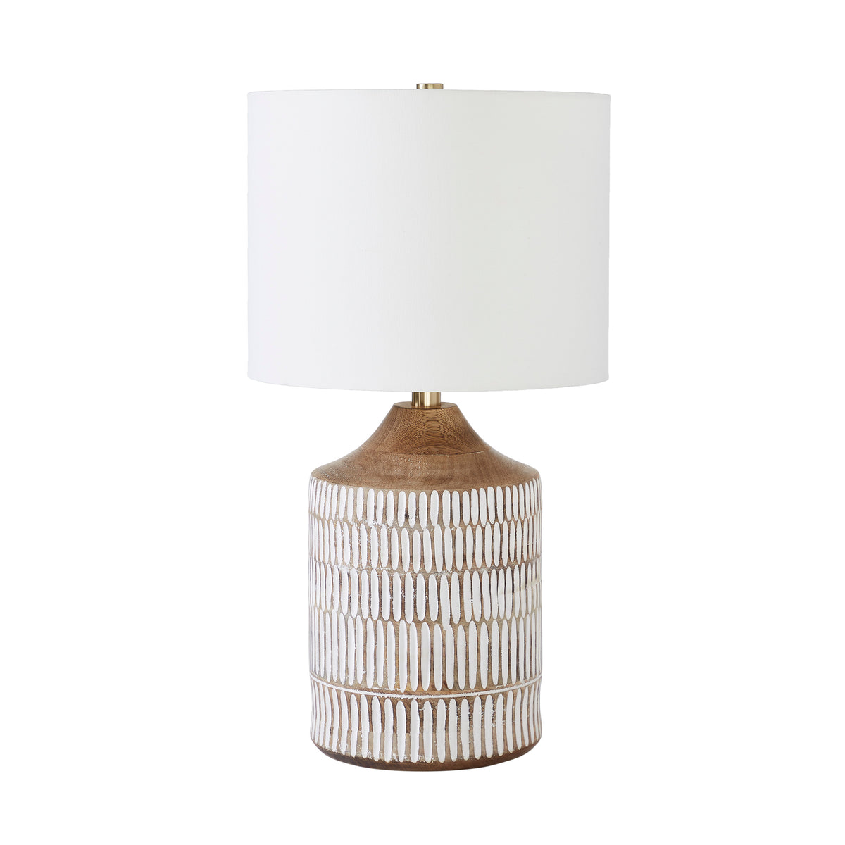 Wickes Table Lamp by Renwil with a white drum shade and textured brown base.