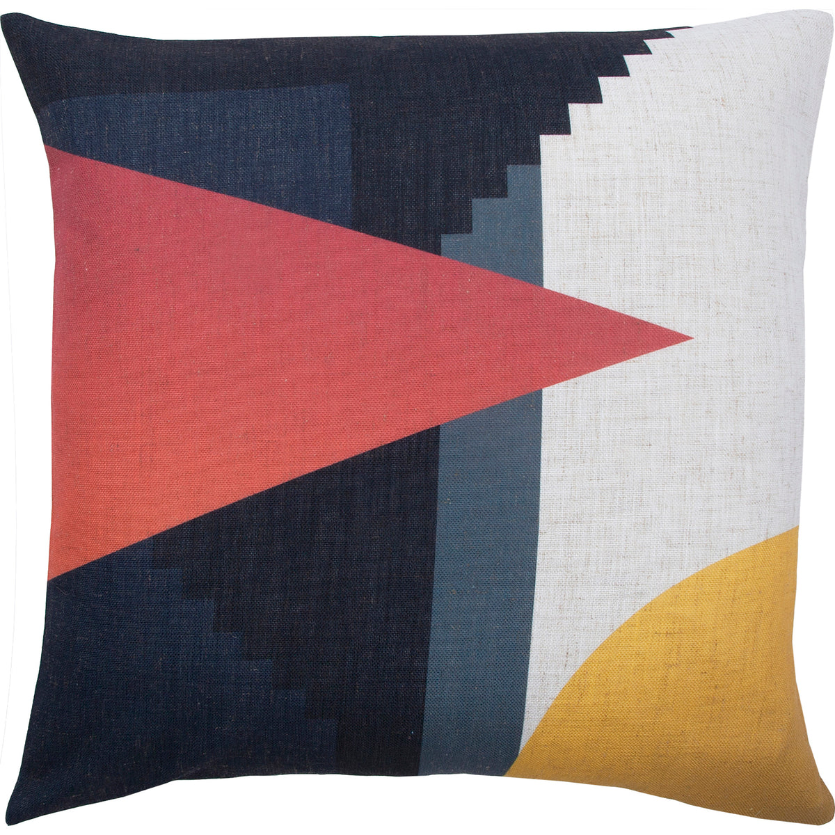 Parma Indoor Pillow featuring geometric patterns in red, navy, and yellow on a textured fabric.