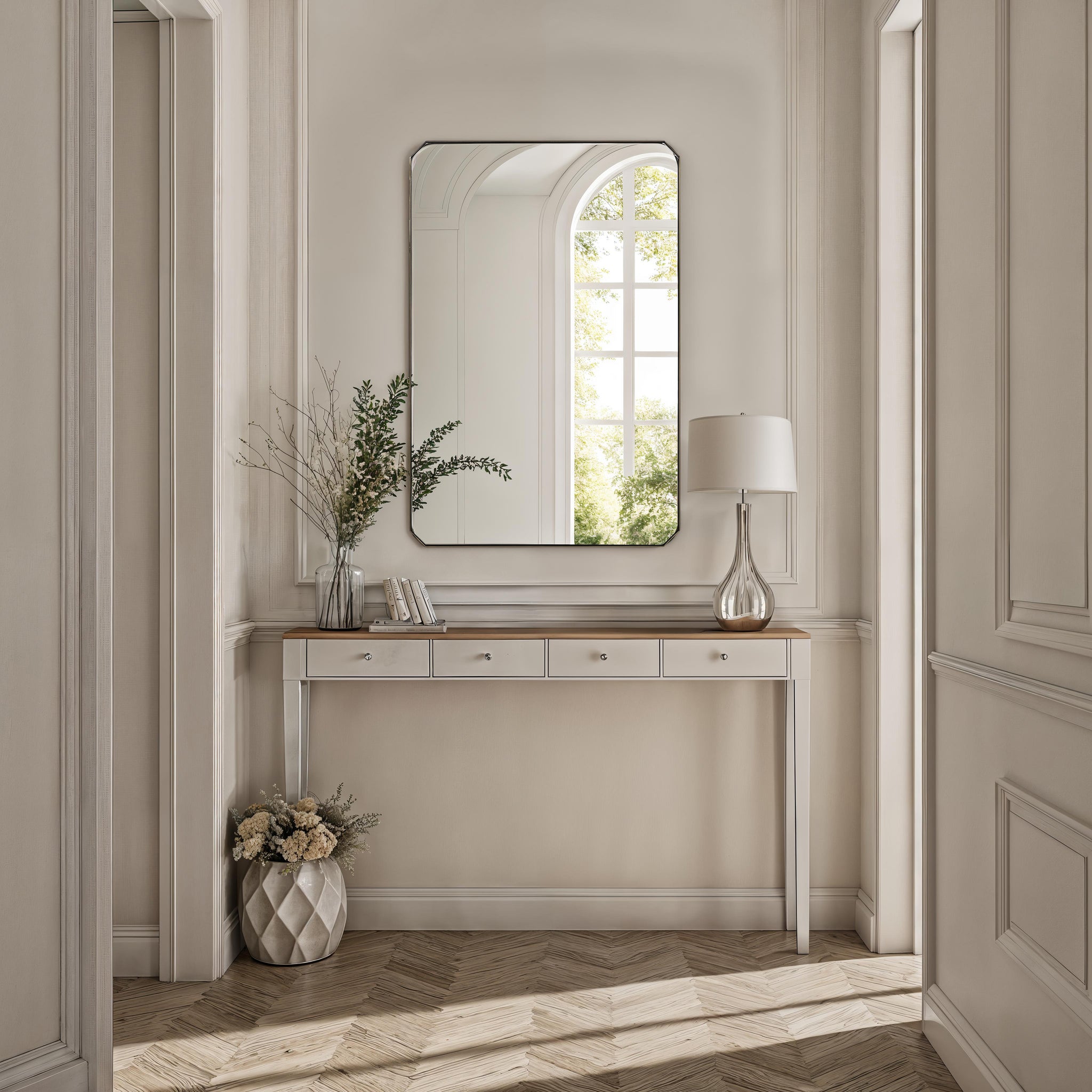 Nate mirror by Renwil displayed in a stylish entryway with a console table and decor.
