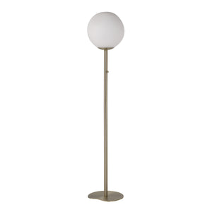 Koloa floor lamp featuring a round white glass shade and sleek brass pole.