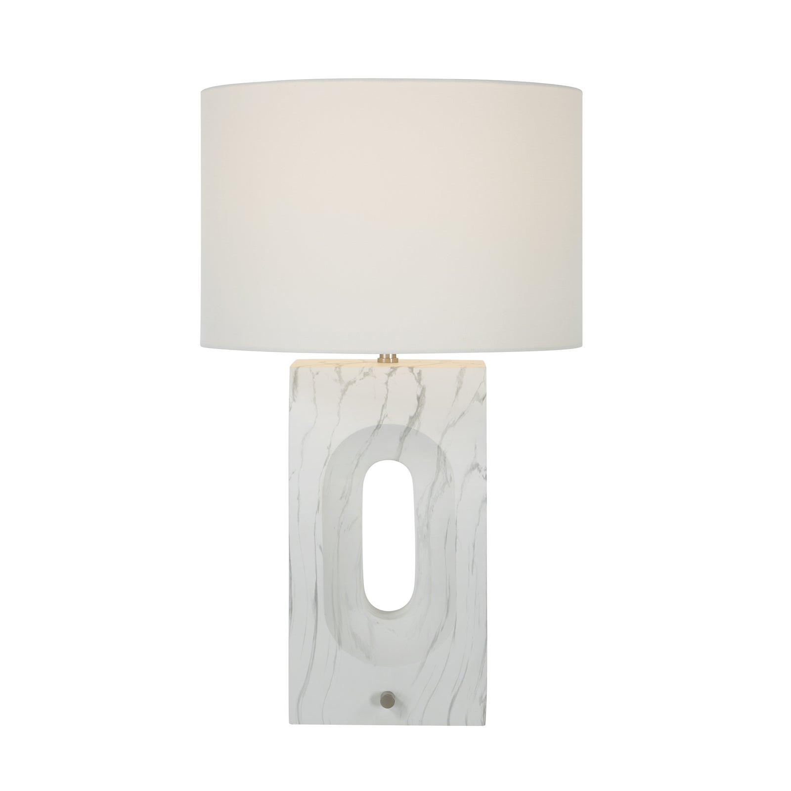 Scriba table lamp by Renwil with a white marble base and a white fabric shade.