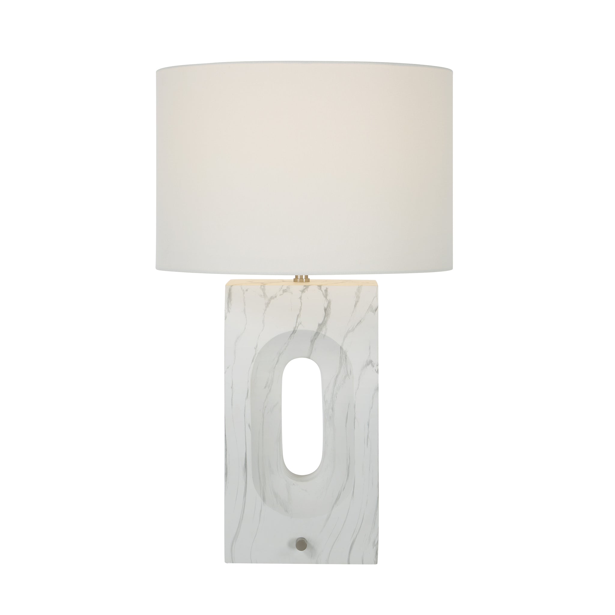 Scriba table lamp by Renwil featuring a white marble base and a white shade, illuminated.