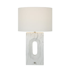 Scriba table lamp by Renwil featuring a white marble base and a white shade, illuminated.
