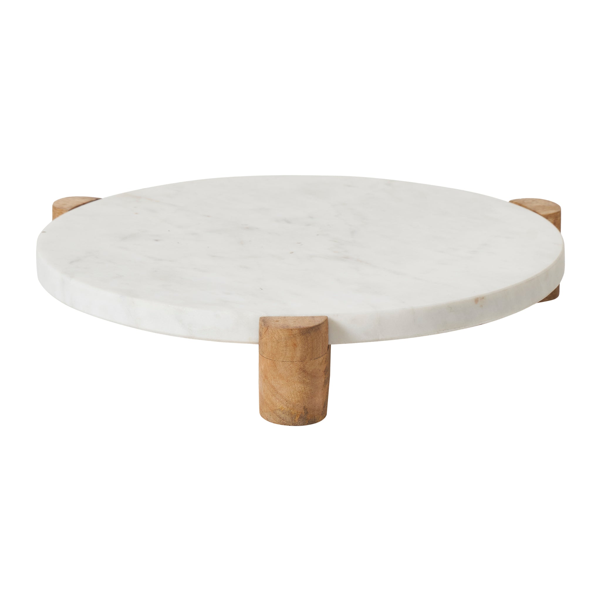 Lance round marble tray with four wooden legs, white marble surface, side view.