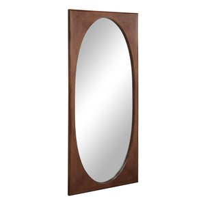 Sitia mirror by Renwil featuring a brown wooden frame, oval shape, angled view.