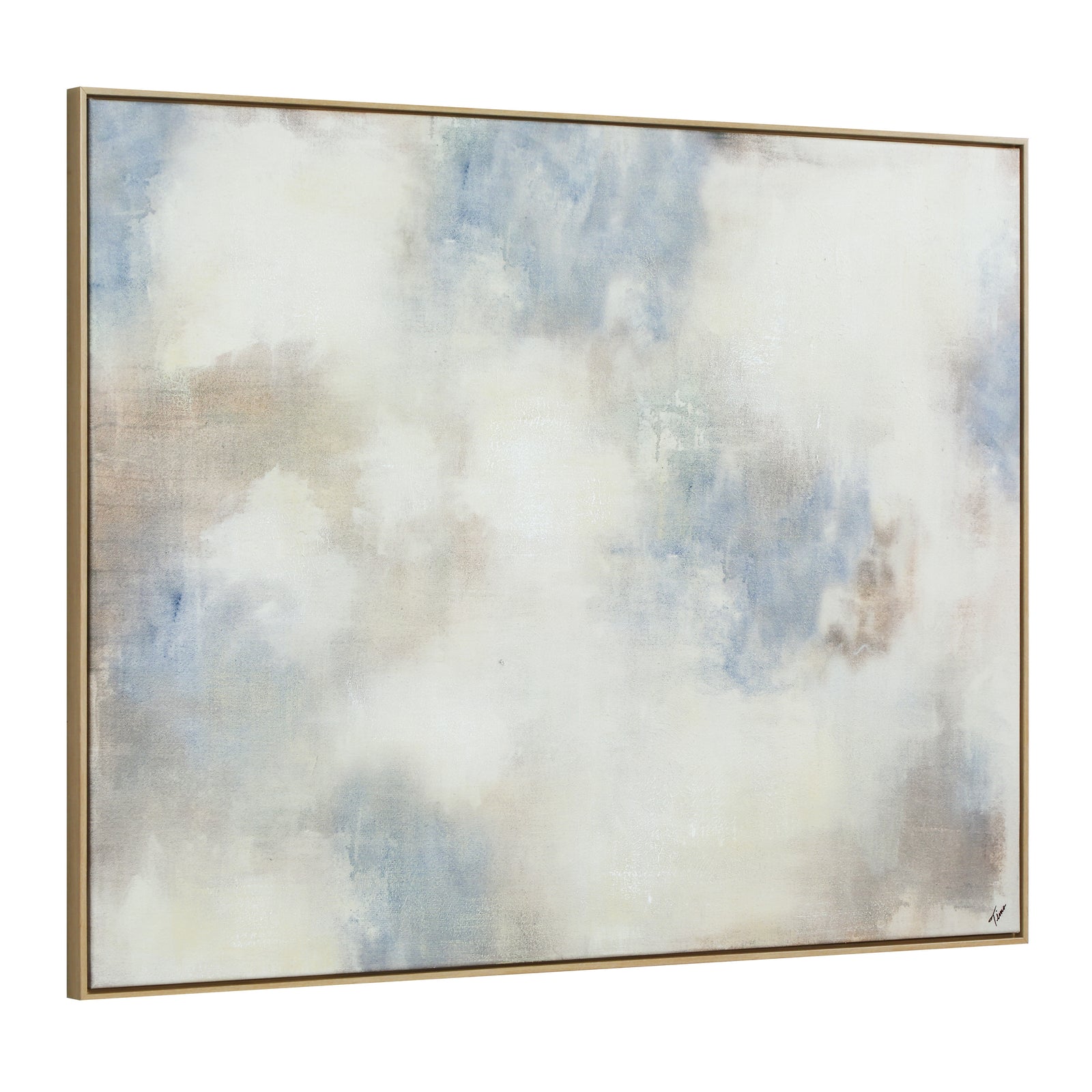 Bellis canvas art featuring soft blue and beige abstract patterns with a gold frame.