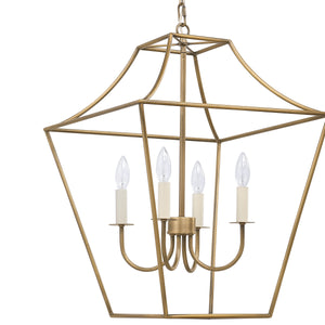 Close-up of Versailles pendant light with gold frame and four candle-style bulbs.
