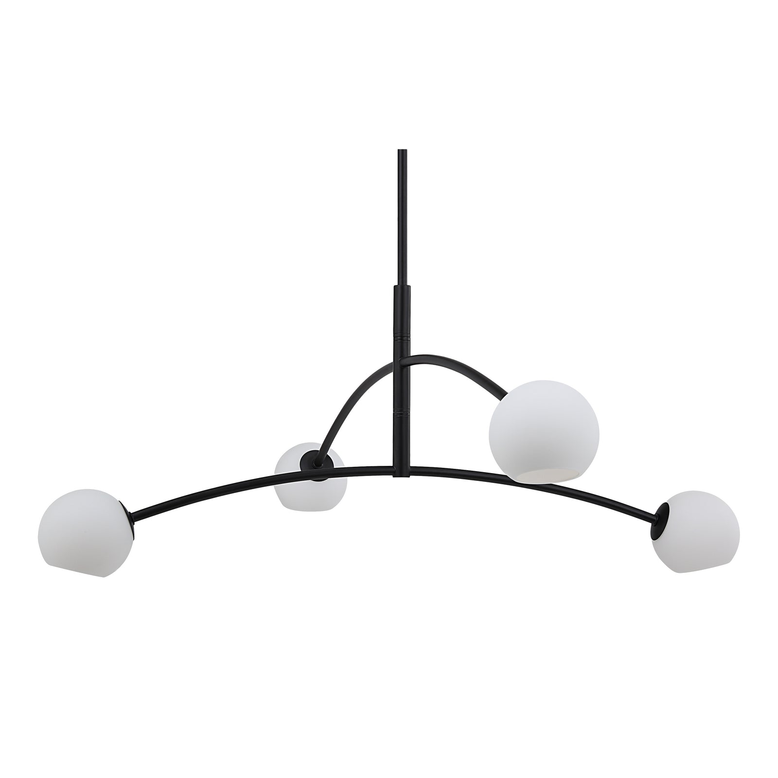 Nube Ceiling Fixture chandelier with five white globes and black metal arms, top view.