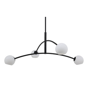 Nube Ceiling Fixture chandelier featuring five white globes on black metal framework, angled view.
